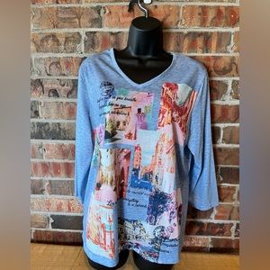 Allison Daley Light Blue Long Sleeve V-Neck Graphic Tee with Multicolor Print